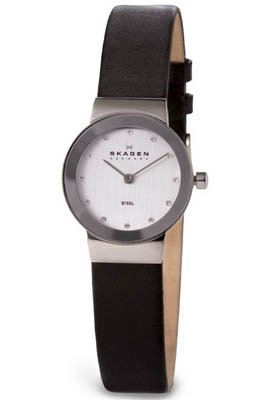 Skagen Women's 358XSSLBC Steel Collection Black Leather Glitz Watch