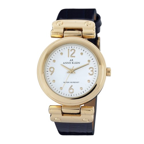 AK Anne Klein Women's 109606WTBL Gold-Tone Round Dial and Iced Blue Leather Strap Watch