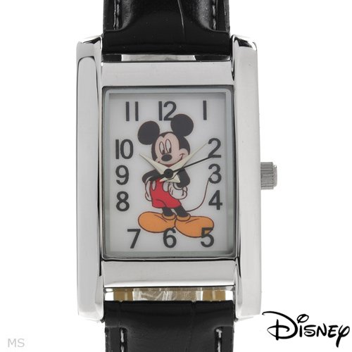 Disney Women's MCK835 Mickey Mouse Silver Rectangular Case Black Strap Watch